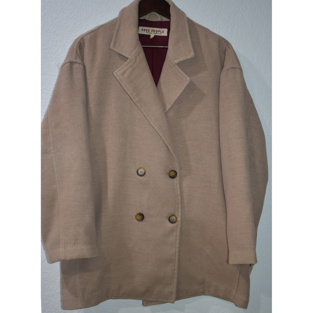 Free People Womens Double Breasted Pea Coat Tan Sz Medium Oversized Relaxed Fit